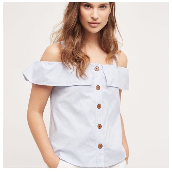 Anthropologie Maeve Canopy Cold Shoulder Blue Pinstripe Off Shoulder Top Size 6 - Picture 1 of 8